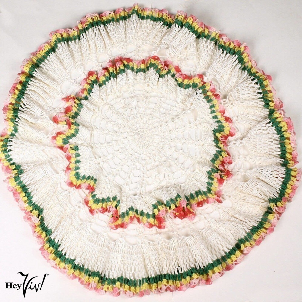Vintage Cotton Crochet Table Cloth Topper Hand Made Ruffle Rainbow Edge -Hey Viv